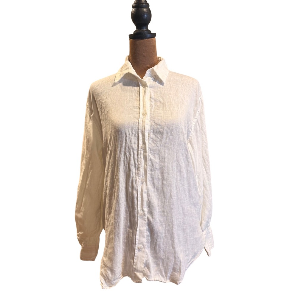 Zara Button Back Linen Shirt Womens XS White Long‎ Sleeve Blouse Coastal Beach